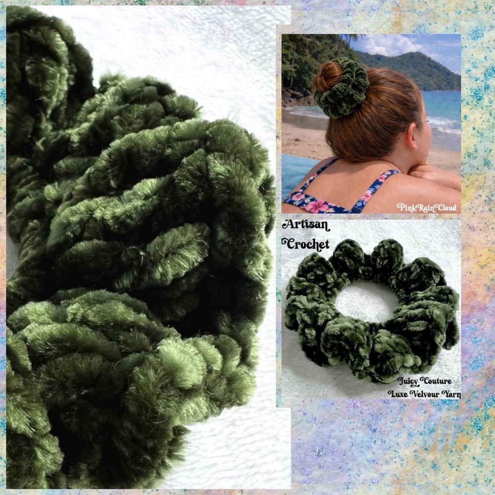 Handmade VELVET Hunter Green Crochet Scrunchie Large Hair Tie PinkRainCloud